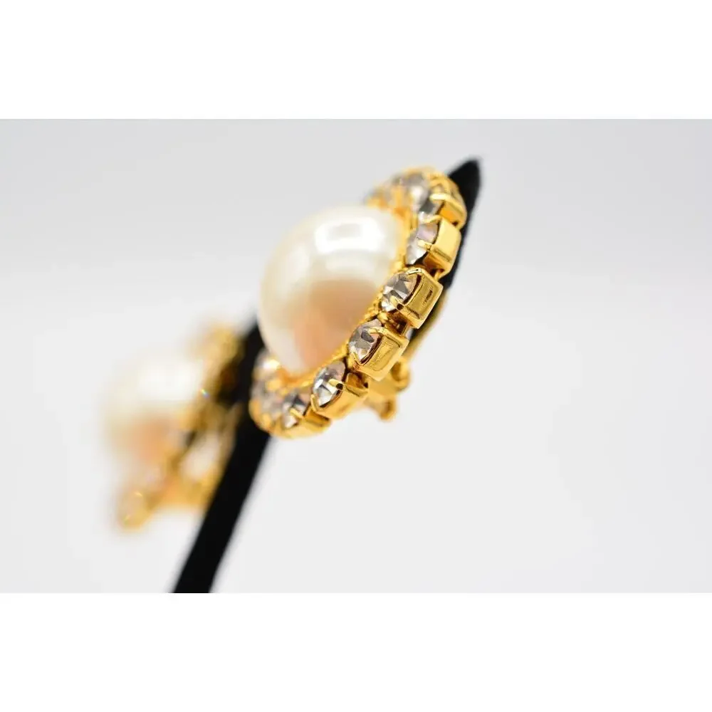 Vintage Clip On Earrings Rhinestone Crystal Pearl Gold Chunky Shiny 1980s BinAA